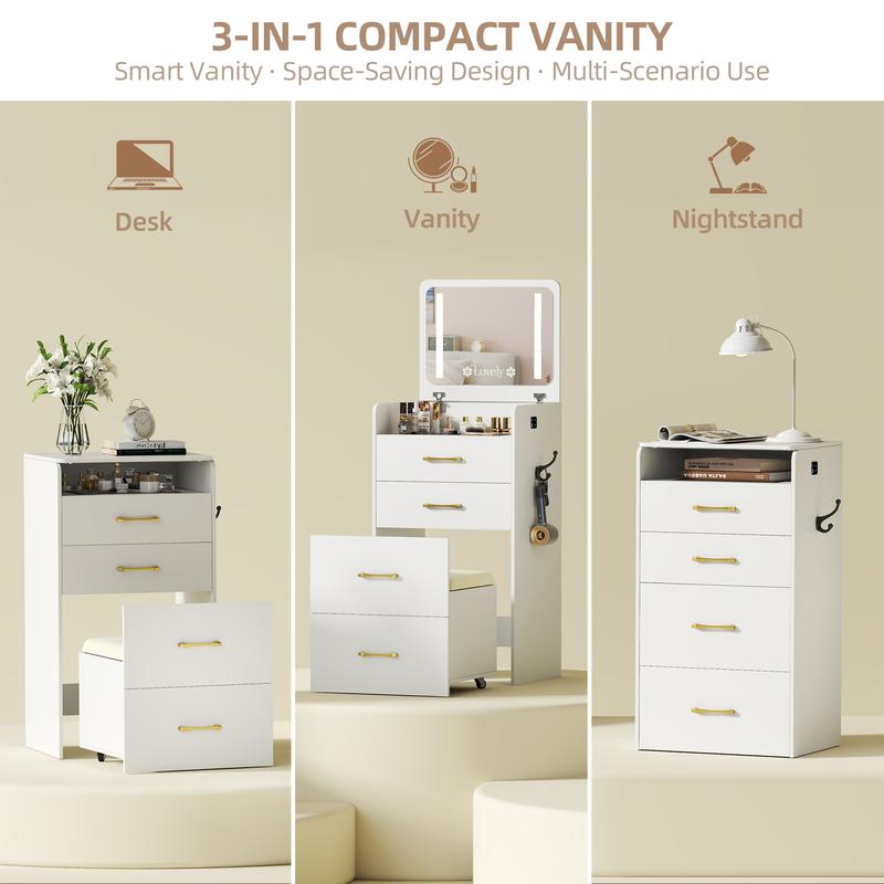 Tocador compacto 3 en 1 Vlsrka: tocador con espejo, lámpara integrada, cajones de almacenamiento y taburete, tocador con espejo para dormitorio, tocadores de maquillaje inteligentes y automáticos para residencias estudiantiles, tocadores con lámpara integ