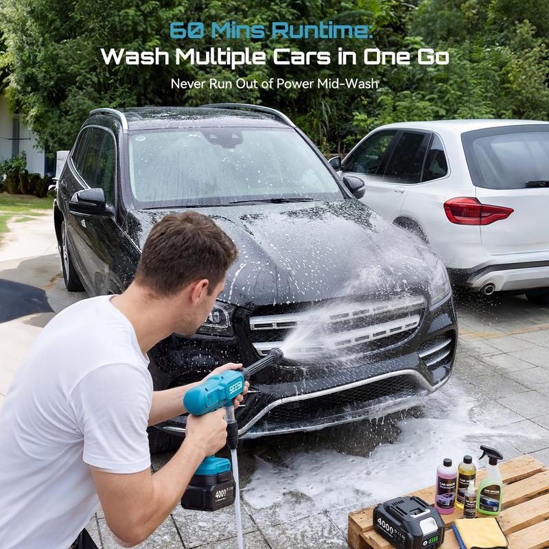 Hidrolavadora inalámbrica de alta presión SEESII, limpiadora de 1500 PSI con 1 batería de 4000 mAh, boquilla 6 en 1 y cañón de espuma para limpieza de automóviles, hogar y jardín. Ofertas para ti.