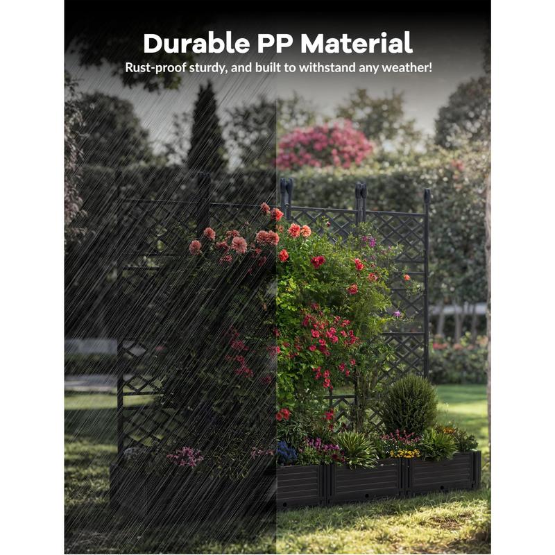 Juego de 7 macetas elevadas con enrejado, 116" de ancho x 63" de alto, de plástico, para jardín vertical exterior con plantas trepadoras, con pantalla de privacidad integrada, resistentes y ligeras para patio, balcón y jardín.