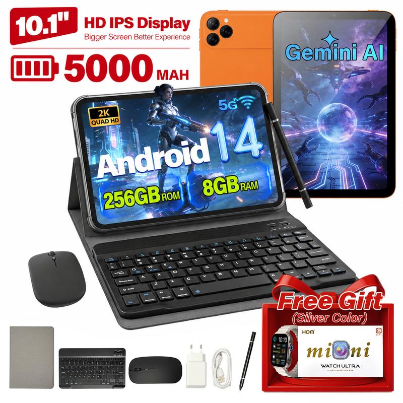 Tablet Android 14 de 10,1" con pantalla 2K, 8+256 GB, compatible con WiFi y SIM, ideal para el hogar: streaming, lectura y navegación. Incluye teclado, ratón y lápiz óptico.