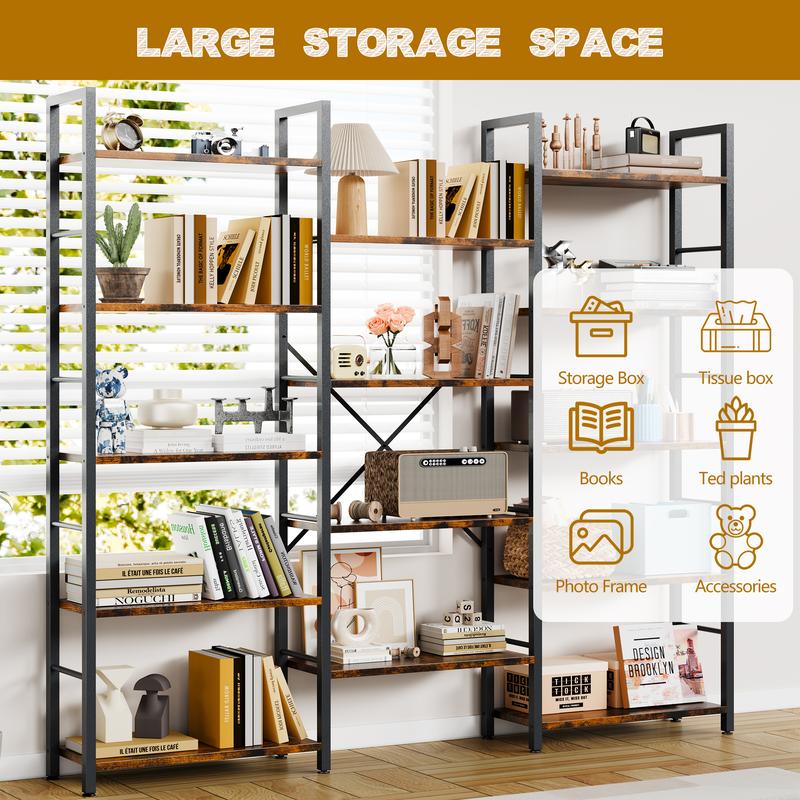 Librería Walsunny de 5 niveles con 14 estantes, estantería abierta con estructura metálica, estantería para oficina en casa, estilo rústico, escalera industrial independiente.
