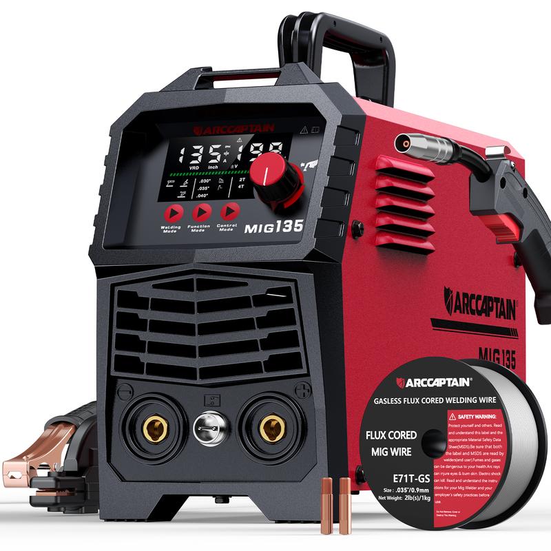 Soldadora MIG ARCCAPTAIN 135A, modelo 2025 [Pantalla LED grande], 110V, MIG con núcleo fundente, TIG con elevación, electrodo revestido, máquina de soldar 3 en 1, soldadora MIG sin gas de 110V, soldadora inversora IGBT con Synergy, 2T/4T