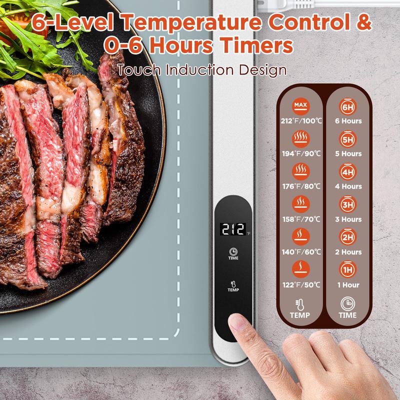Alfombrilla eléctrica para calentar alimentos FEPPO actualizada con 6 niveles de temperatura y temporizador de 6 horas, calentamiento rápido de toda la superficie, calentador de alimentos enrollable para fiestas y bufés.