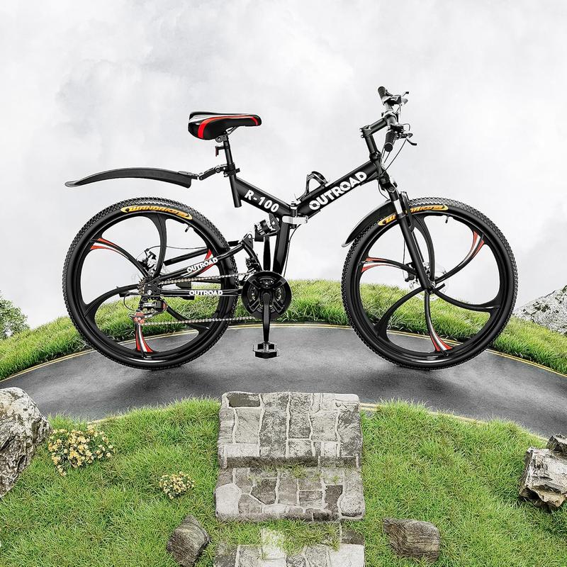 Bicicleta de montaña plegable unisex Outroad de 26 pulgadas - 21 velocidades, cuadro plegable compacto de acero de alto carbono, suspensión completa, frenos de disco dobles, bicicleta de ciclismo para adultos, negro/naranja/verde
