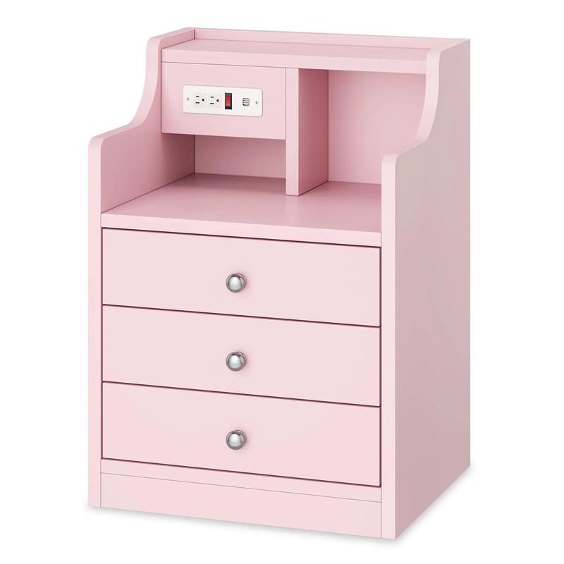 Mesita de noche gris con 3 cajones y estación de carga. Mesita de noche moderna con 2 puertos USB y 2 tomas de corriente para teléfonos y tabletas. Ideal para los artículos esenciales del dormitorio.
