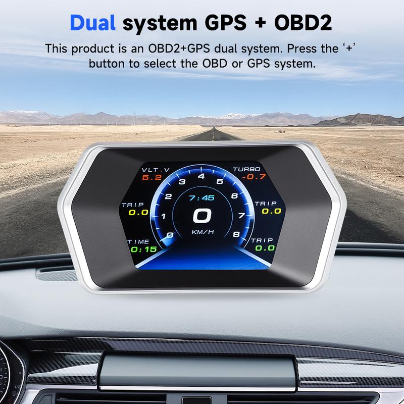 Velocímetro digital de 3 pulgadas con pantalla frontal (HUD) OBD2+GPS para vehículos compatibles con modelos equipados con OBD2 fabricados después de 2008. Admite unidades de medida en km/h y mph. Pantalla LCD multifunción OBD.