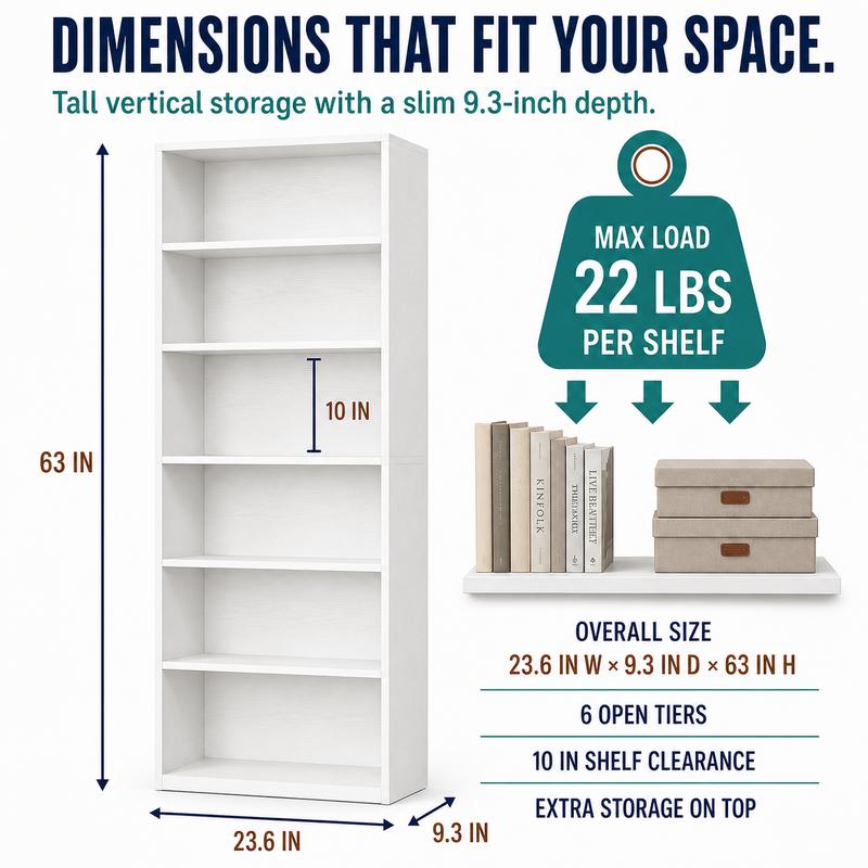 【Almacenamiento y exhibición de 6 niveles】 Librería y estantería independiente delgada IRONCK de 160 cm de altura para el hogar, la oficina y espacios pequeños, color blanco