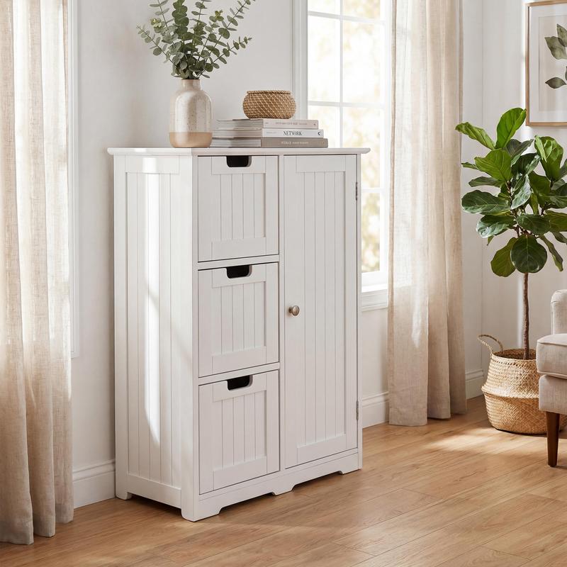 Mueble de baño moderno de madera blanca para suelo - Armarios de madera, doble cajón, organizador de almacenamiento multicompartimento con 3 cajones, 2 estantes, armarios con doble cajón