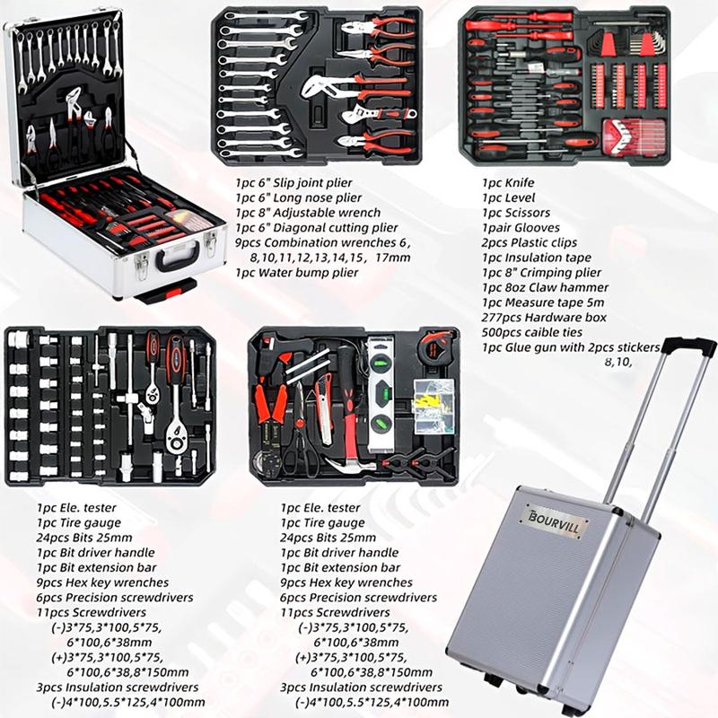 Juego de herramientas de 899 piezas, caja de herramientas rodante de aluminio con 4 cajones, kit completo para mecánicos y reparaciones del hogar.