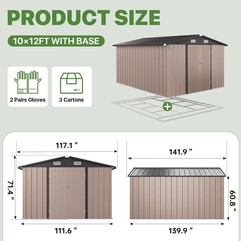 Caseta de almacenamiento Aoxun de 10x8/10x12 con armario auxiliar de jardín de acero básico para exteriores - Base de estructura metálica, puerta con cerradura, resistente a la humedad y al óxido, sin suelo incluido - Ideal para organizar el almacenamient