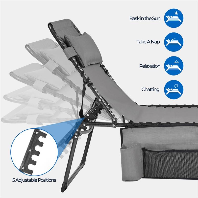 Silla plegable para tomar el sol en el patio, con orificio para la cara, tumbona reclinable ajustable en 5 posiciones, ranuras para los brazos, práctico espacio de almacenamiento para tomar el sol y broncearse la espalda.