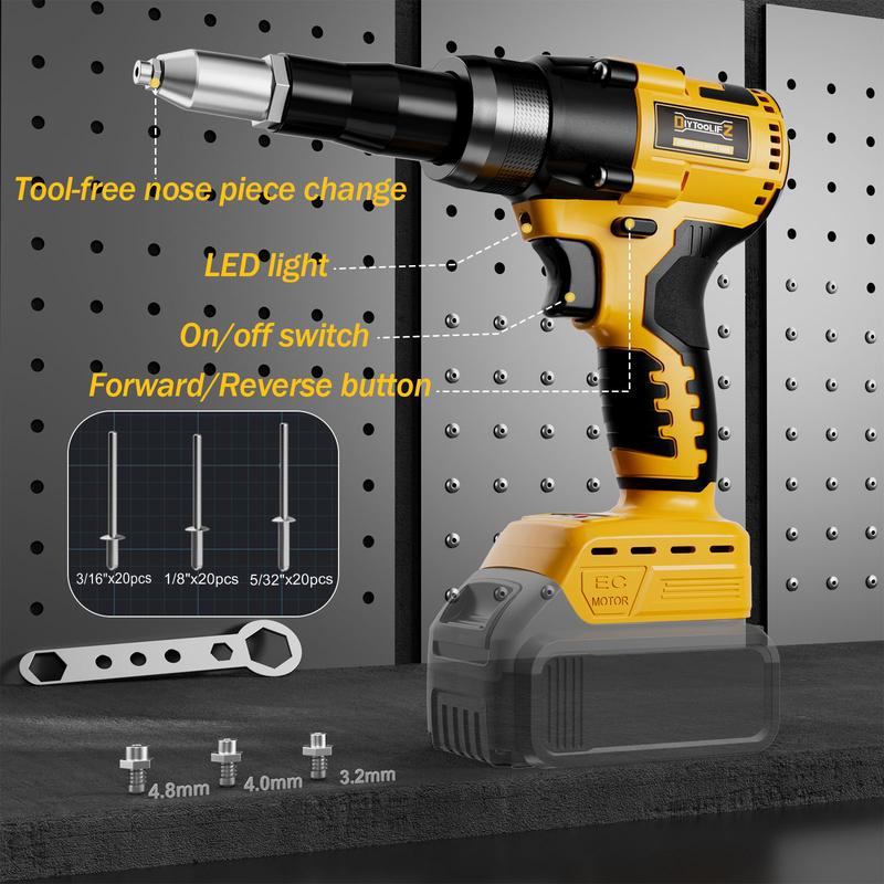 Remachadora eléctrica inalámbrica compatible con batería Dewalt de 20 V (¡¡SIN batería!!), 3 tamaños de remaches de aluminio (1/8", 5/32", 3/16"), con boquilla de kit, herramientas de ferretería industrial de metal summervibes