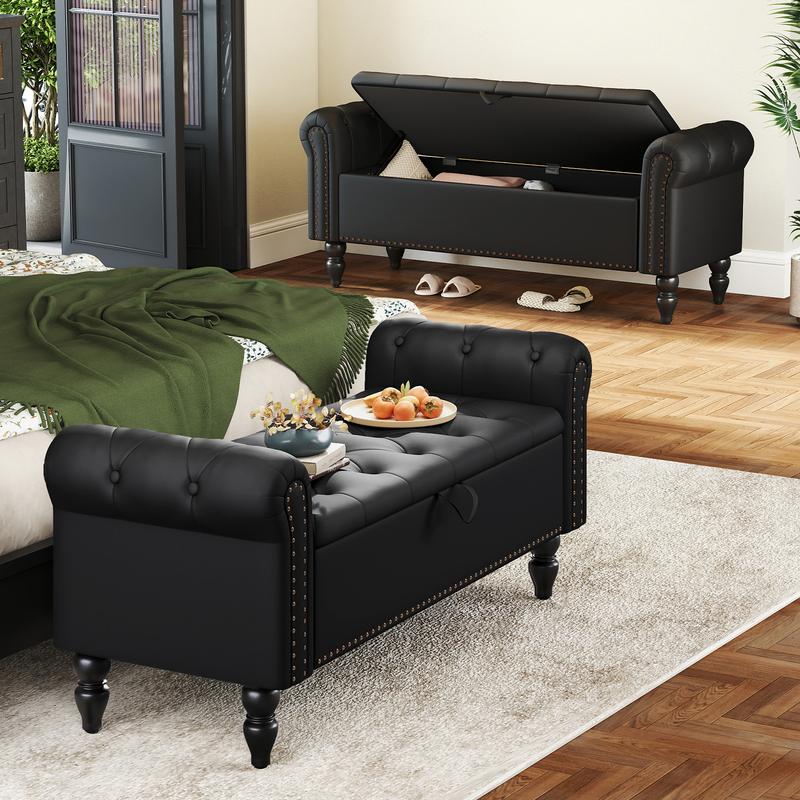 Banco otomano con almacenamiento para cama Queen/King, banco tapizado para el pie de la cama con brazos enrollados para dormitorio, sala de estar, recibidor, taburete acolchado suave, reposapiés