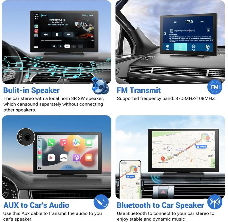 Autoestéreo inalámbrico portátil de 7/9 pulgadas con CarPlay - Reproductor multimedia para coche con Apple CarPlay, Android Auto, AirPlay y Mirror Link