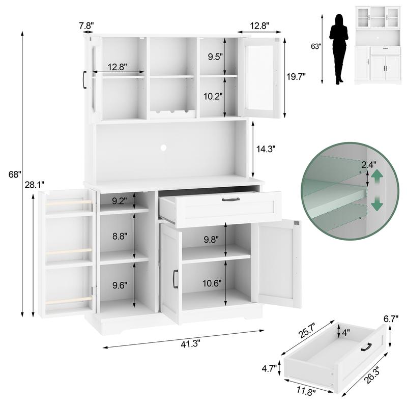 Armario de cocina Walsunny ajustable, aparador independiente con soporte para microondas, 4 puertas con estantes, estantes ajustables y botellero, color blanco.