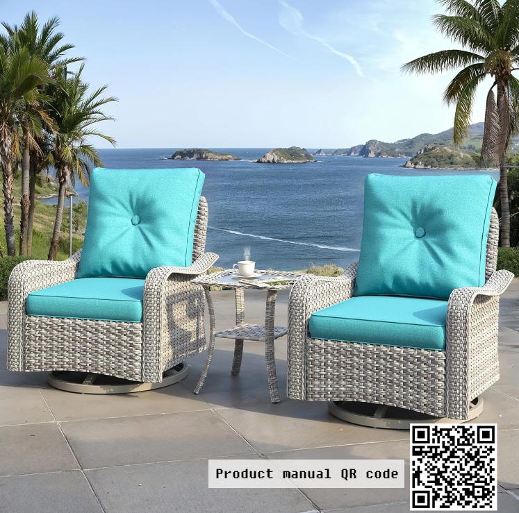 Conjunto moderno de muebles de exterior de mimbre de 3 piezas: sillas de exterior mecedoras de respaldo alto con asiento profundo y cojines de 10 cm, mesa auxiliar resistente a la decoloración, ratán PE resistente a la intemperie para jardín, patio traser