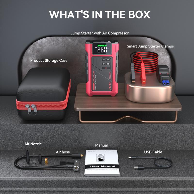 Arrancador portátil de 12000 mAh con compresor de aire, 150 PSI, caja de arranque para baterías de coche de 12 V, motores de gasolina de 10,0 L y diésel de 9,0 L, inalámbrico, pinzas seguras para un uso sencillo.