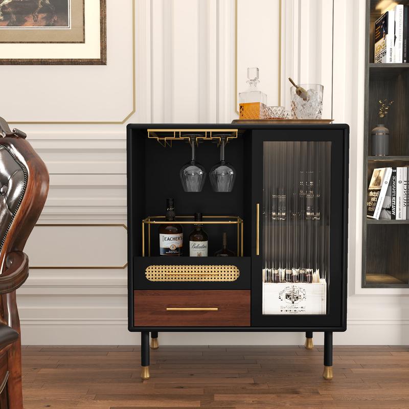 Mueble bar HLR verde esmeralda con detalles dorados, detalles de ratán, almacenamiento de doble zona de 94 cm y cajón extraíble: muebles de estilo clásico para apartamentos, muebles para estudios, ideal para quienes disfrutan del entretenimiento en casa,