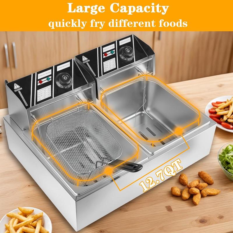 Freidora de doble cesta de 3400 W - Freidora eléctrica de acero inoxidable de 12 L con control de temperatura independiente, depósitos de aceite desmontables y tubos calefactores en forma de U.