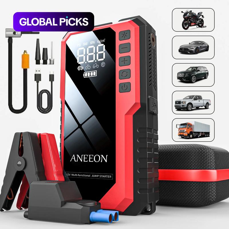 Arrancador portátil para coche de 6400 mAh/8000 mAh con compresor de aire, carga USB rápida, múltiples protecciones de seguridad, incluye cables de arranque #GLOBAL PICKS