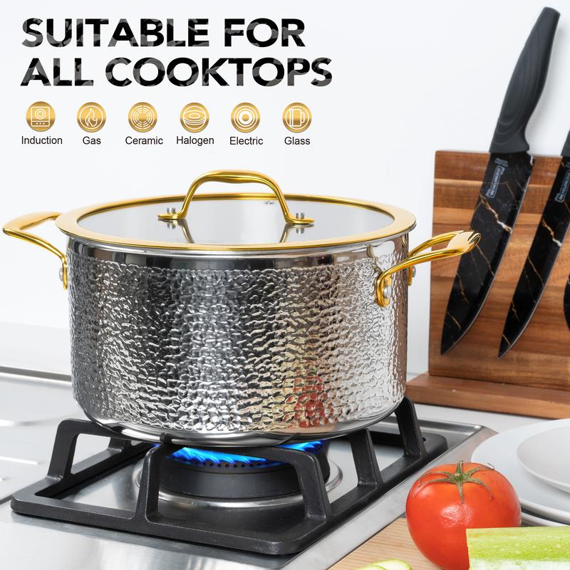 Juego de utensilios de cocina Michelangelo de 10 piezas de acero inoxidable triple, ollas y sartenes martilladas 18/10, elegantes cacerolas con asas doradas, tapas, apto para inducción, fácil de limpiar.