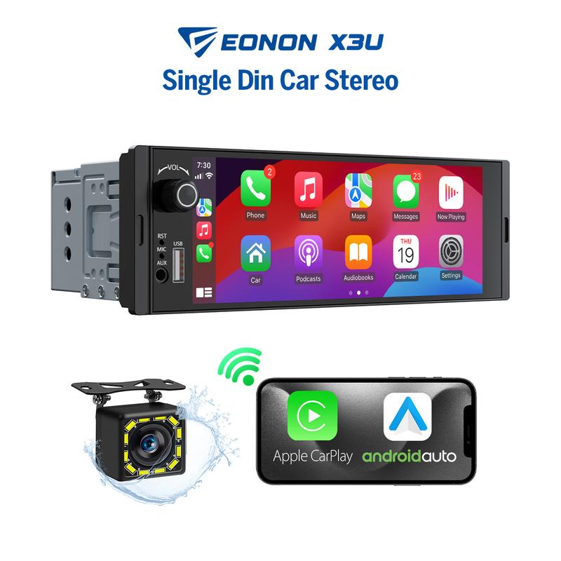 Autoestéreo DIN simple de 6.36", CarPlay inalámbrico y Android Auto, pantalla táctil IPS (1280x480), amplificador ST TDA7851, cámara de reversa, controles en el volante, Bluetooth 5.3, oferta Jumpstart - X3U