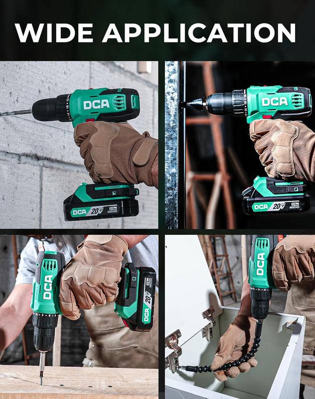 【Garantía de 5 años】Taladro inalámbrico DCA de 20 V, juego de 25 piezas, 28 ft・lb de torque, portabrocas sin llave de 3/8", batería de 2.0 Ah y cargador, 18+1 ajustes de embrague, ideal para bricolaje en el hogar, montaje de muebles, plomería, perforación