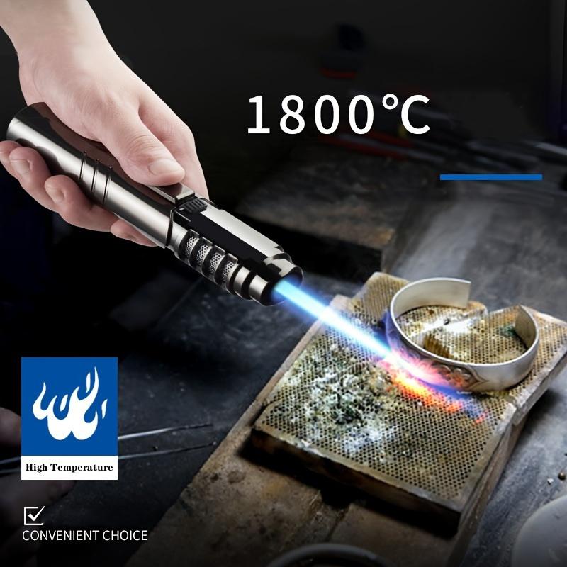Encendedor de gas butano en pistola de metal de alta temperatura de 1800°, resistente al viento, azul, portátil, con control de llama ajustable, set de regalo para hombre con caja de regalo para soldadura al aire libre y camping (gas butano no incluido).