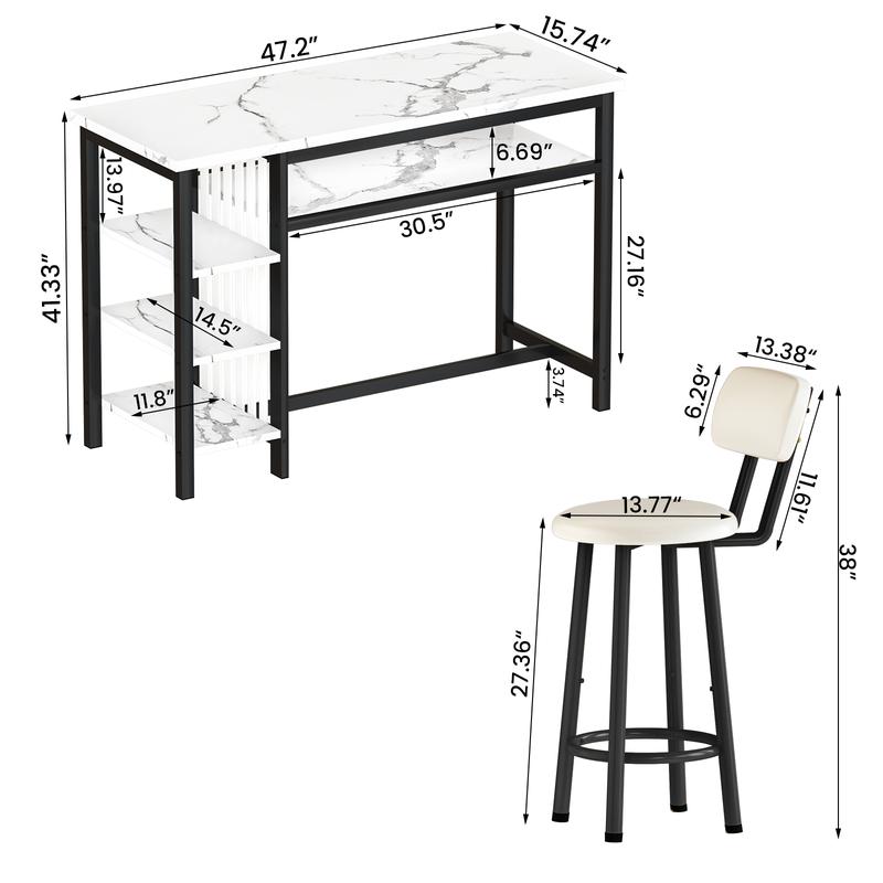 Juego de 3 mesas y sillas de bar AWQM, mesa moderna de imitación mármol blanco con 2 taburetes de bar con cojines de PU, mostrador de cocina con estantes de almacenamiento de 3 niveles, mesa que ahorra espacio para el hogar y la cocina, marco negro, juego
