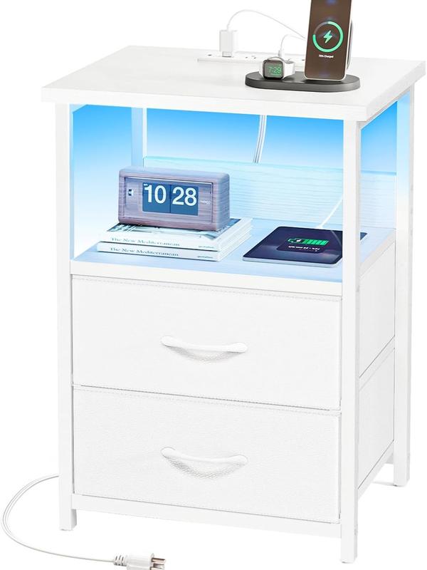 【Summergarden】Mesita de noche con estación de carga, mesita de noche LED con puertos y tomas USB, 2 cajones de almacenamiento de tela con acabado de PU, mesita de noche pequeña, negra