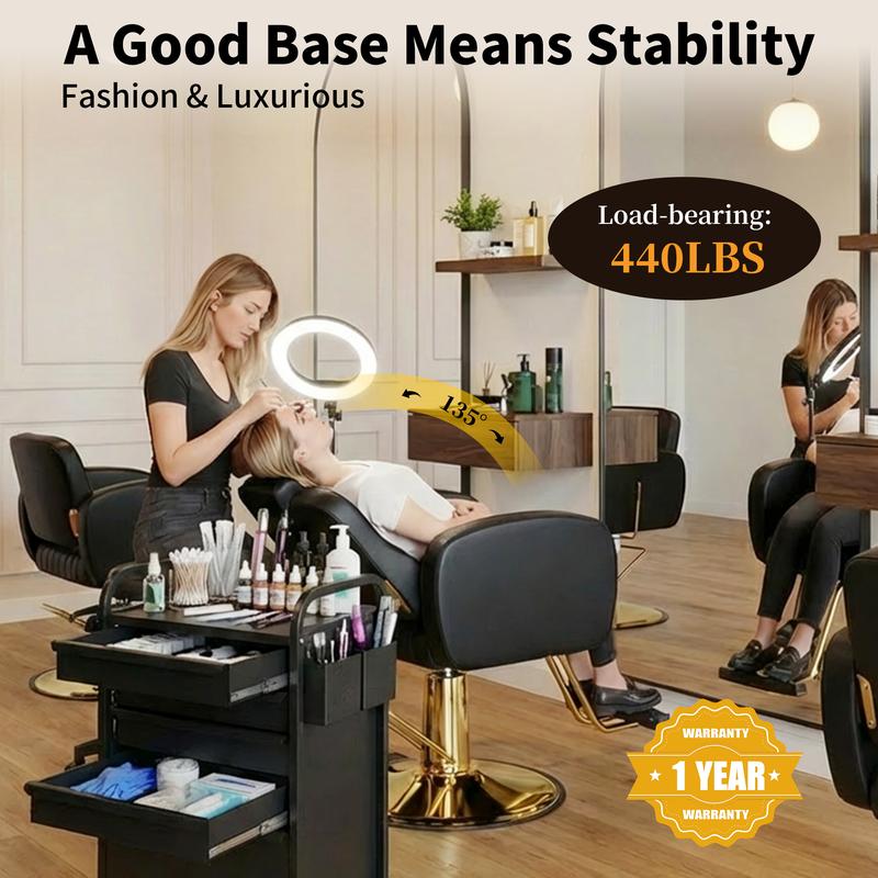 Silla de salón ergonómica dorada con cómodos cojines acolchados, silla de estilista resistente con estructura de acero, elegante silla de peluquería con tapicería de cuero, capacidad de peso de 200 kg (440 lbs).