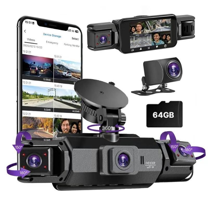 Cámara de salpicadero de 4 canales con visión envolvente de 360°. Incluye cable OBD GRATIS para monitorización de aparcamiento 24/7. Grabación con 4 lentes: frontal, trasera, interior, izquierda y derecha. Pantalla de 3", WiFi integrado, tarjeta de 64 GB.