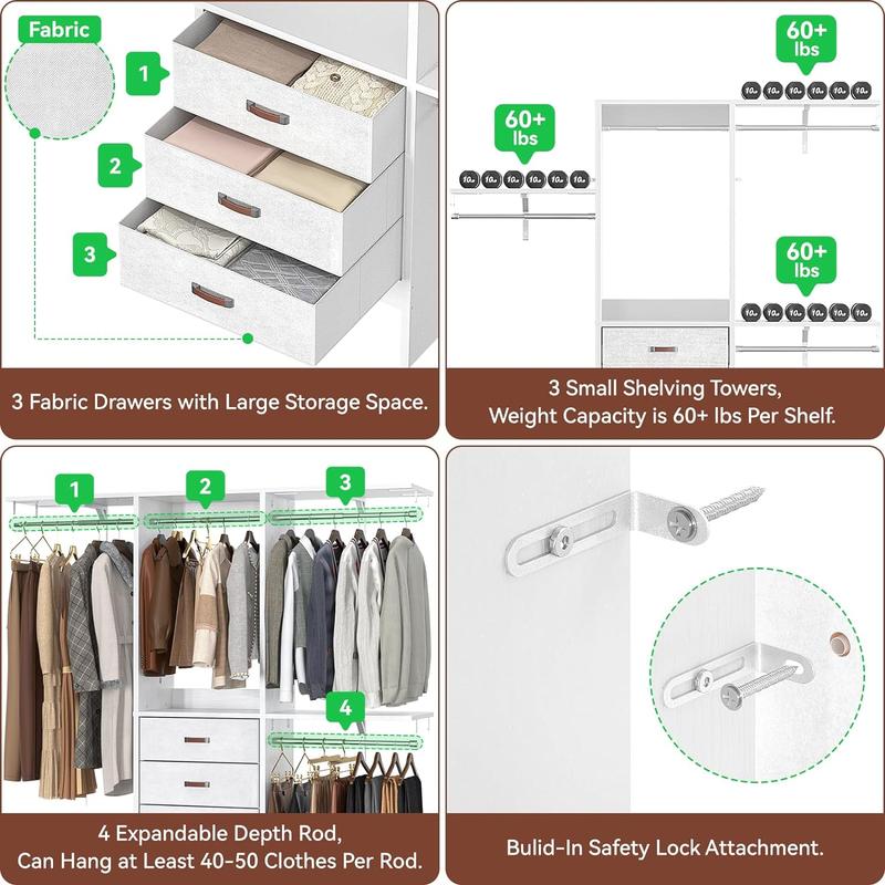Armario vestidor Cyclysio de 152 cm de ancho con 3 compartimentos - Organizador de armario resistente de 1,5 m con cajones, barras para colgar ropa, 3 estantes y paneles ajustables, muebles para espacios pequeños, ideas de organización del hogar para habi