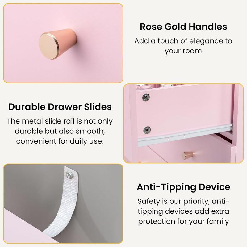 Cómoda rosa de 5 cajones para dormitorio, cómoda moderna de madera, cómodas rosas para dormitorio de niñas, dispositivo antivuelco, tirador de metal oro rosa, sala de estar, recibidor, pasillo, oficina