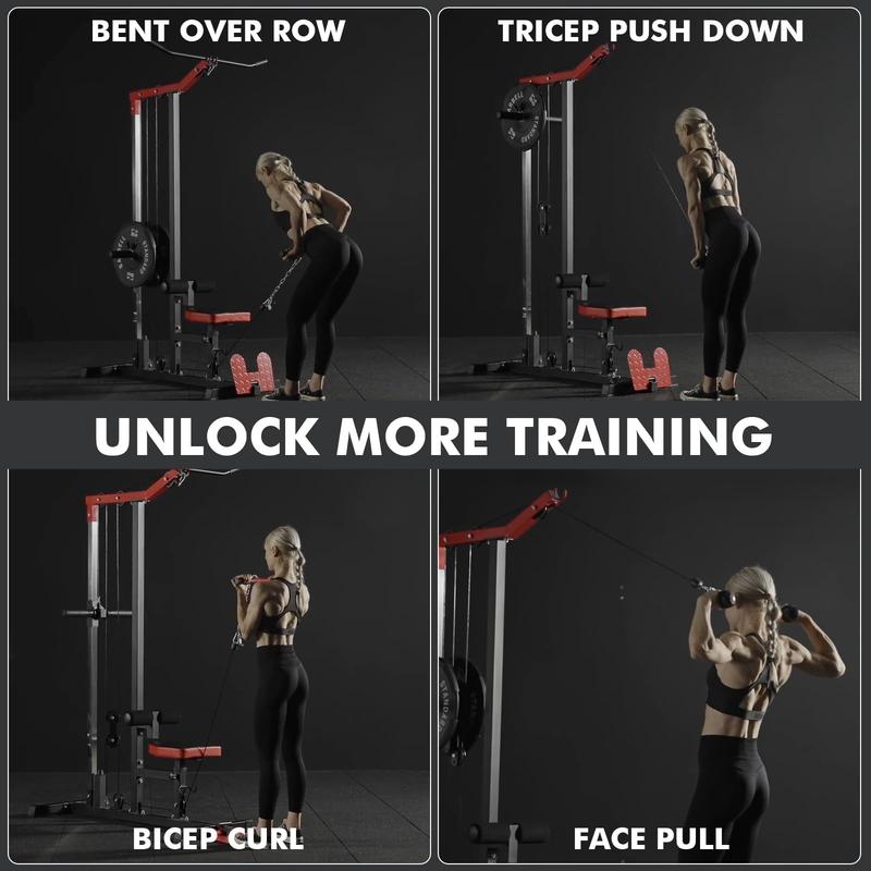 Equipo de fitness LAT Tower con polea alta para dorsales, remo para dorsales, estación de poleas altas y bajas, plataforma abatible para pies y arnés para abdominales, compatible con abrazaderas para barras de gimnasio en casa.