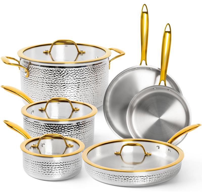 Juego de utensilios de cocina Michelangelo de 10 piezas de acero inoxidable triple, ollas y sartenes martilladas 18/10, elegantes cacerolas con asas doradas, tapas, apto para inducción, fácil de limpiar.