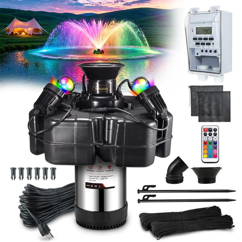 Aireador para fuente de estanque Goldlife F4, con 4 luces RGB, 110 V, 1 HP, 750 W, 15000 GPH, cable de alimentación de 30 m, potente bomba aireadora para fuentes de agua exteriores, estanques pequeños y grandes, lagos y jardines.