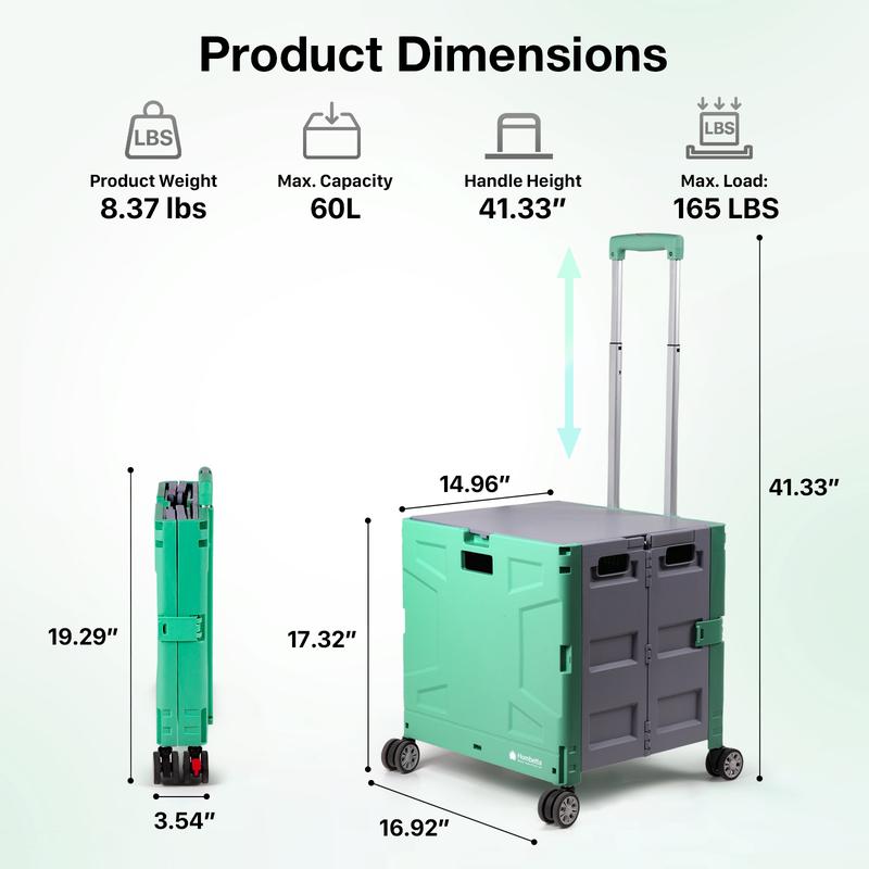 Carrito portátil Hombetta Green, carrito plegable con ruedas, tapa y ruedas, carrito de almacenamiento que ahorra espacio con capacidad para 75 kg (165 libras) para compras, equipo de camping, viajes y uso diario. Carrito plegable tipo carro.