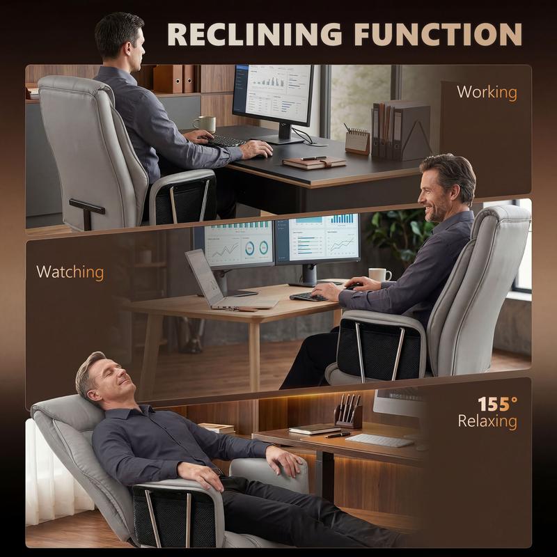 Sillón de oficina con masaje y vibración de 6 puntos, sillón reclinable acolchado con respaldo alto, tapizado en cuero sintético, reposapiés, cojín de muelles grueso, soporte lumbar, altura ajustable y ruedas giratorias.