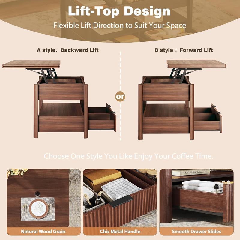 【Summergarden】Mesa de centro elevable de 101 cm (40"), mesa de centro cuadrada 4 en 1 con estante de almacenamiento y 2 cajones, mesas de centro modernas con tablero elevable, se convierte en mesa de comedor para sala de estar, oficina en casa, nogal