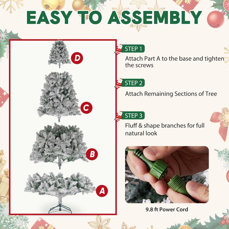Árbol de Navidad artificial Sweetcrispy preiluminado con efecto nieve - 250 luces LED navideñas de tonos cálidos, 8 modos de iluminación, ramas completas para mayor soporte decorativo, soporte plegable de metal resistente que se mantiene en su lugar, idea