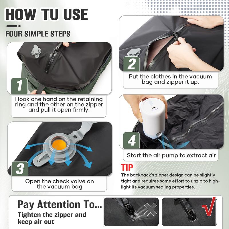Mochila de viaje con cierre hermético al vacío, diseño unisex, tamaño homologado como equipaje de mano para viajes en avión, mochila portátil con bomba y sistema de vacío, color negro/verde/gris-marrón.