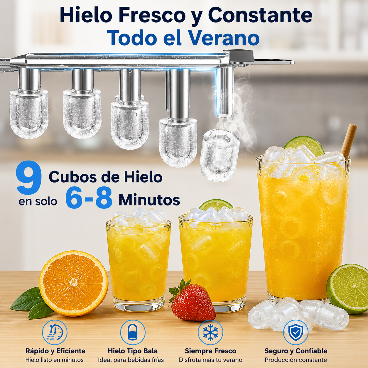 Dispensador de agua fría y caliente de carga superior con máquina de hielo integrada; compatible con garrafones de 5 galones y equipado con seguro para niños. Mantente fresco y revitalizado durante el caluroso verano.