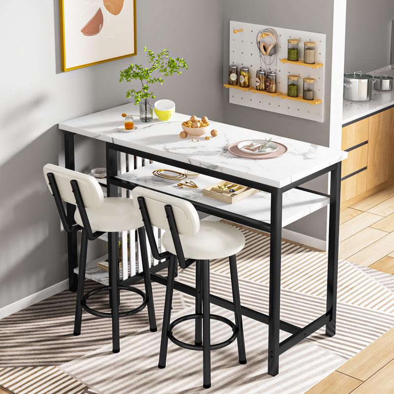 Juego de 3 mesas y sillas de bar AWQM, mesa moderna de imitación mármol blanco con 2 taburetes de bar con cojines de PU, mostrador de cocina con estantes de almacenamiento de 3 niveles, mesa que ahorra espacio para el hogar y la cocina, marco negro, juego