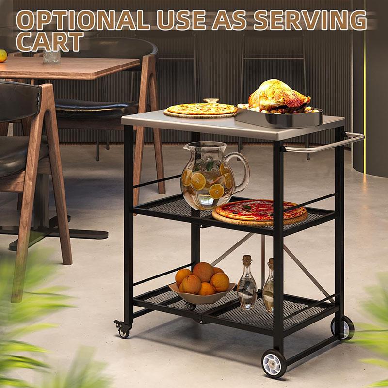 Mesa de barbacoa exterior de acero inoxidable con soporte para horno de pizza, mesa plegable de 3 niveles con ruedas, isla de cocina portátil para apartamentos, estudios y cocinas en el patio trasero, acabado negro.