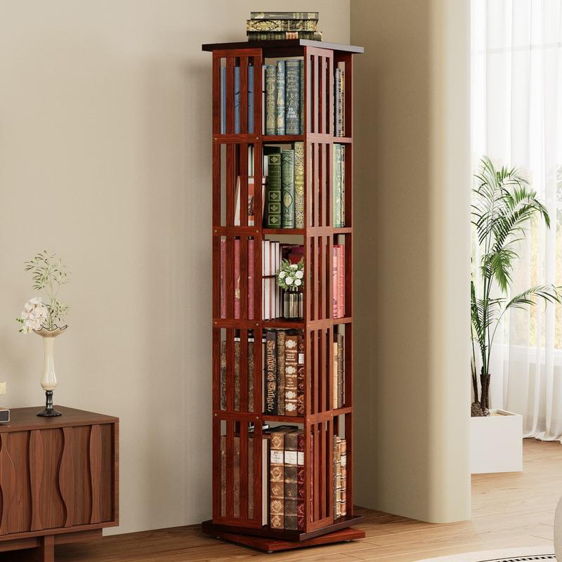 Estantería giratoria de 360° con cajones IRONCK de 60" y 5 niveles de madera de bambú, estantes ergonómicos ajustables, estante de almacenamiento giratorio para sala de estar y dormitorio.