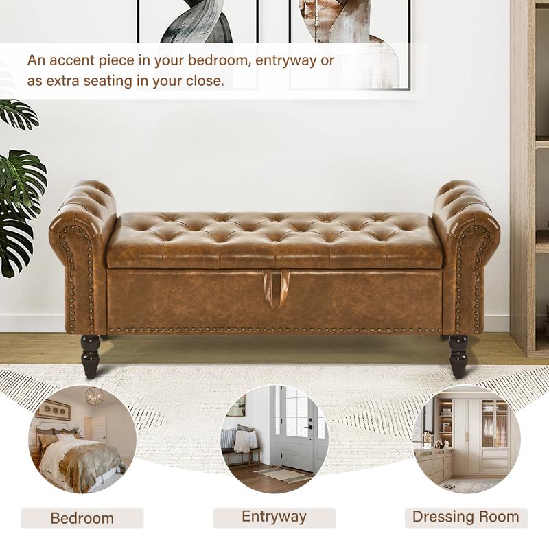Banco otomano con almacenamiento para cama Queen/King, banco tapizado para el pie de la cama con brazos enrollados para dormitorio, sala de estar, recibidor, taburete acolchado suave, reposapiés