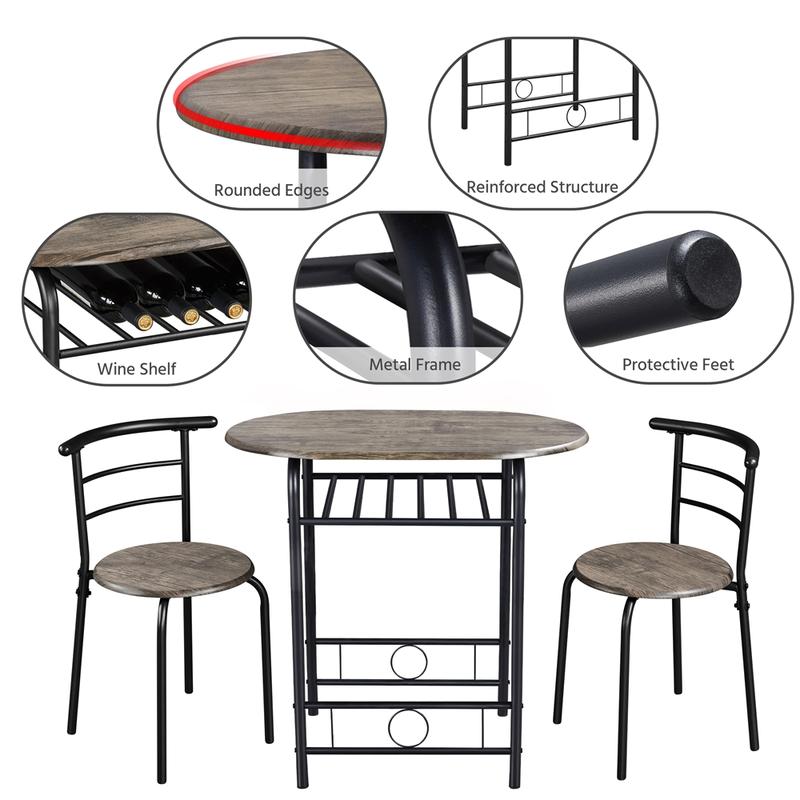 Juego de mesa de comedor de 3 piezas, mesa de cocina y sillas para 2 personas con patas de acero y estante de almacenamiento para cocina, apartamento o espacio pequeño.
