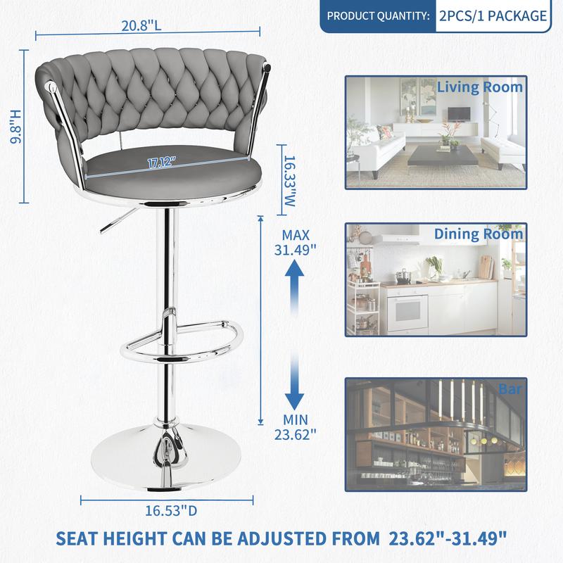 Juego de 2 taburetes de bar de terciopelo, sillas de bar minimalistas con altura ajustable, sillas tapizadas para isla de cocina, beige, negro, gris summergarden