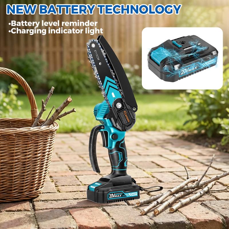 Mini motosierra Saker de 4/6 pulgadas - Batería de larga duración de 3000 mAh (2 unidades), motor de cobre puro mejorado, sierra eléctrica de una mano para hombres y mujeres, herramienta portátil para cortar madera y jardín. Regalo ideal.